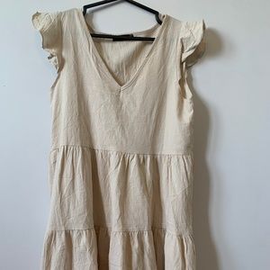 V-neck ruffle trim smock dress